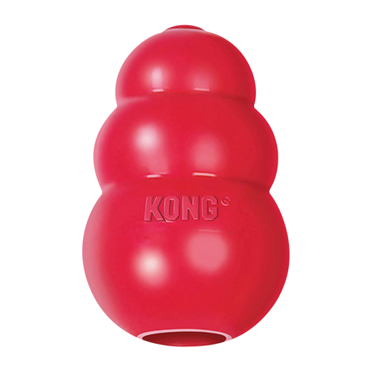 Kong Classic Red Dog Toy, durable rubber chew toy designed to entertain and soothe dogs, perfect for treat stuffing and freezing. 